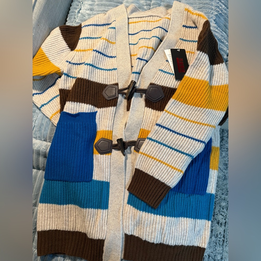 Cashmere striped long cardigan with horn toggles New